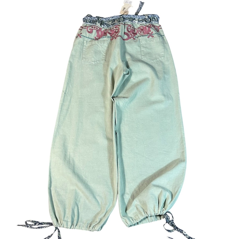 Blue Velvet Jogger Pants NWT Women S Sage Floral Embroidery Elastic Waist Cotton - Picture 3 of 11